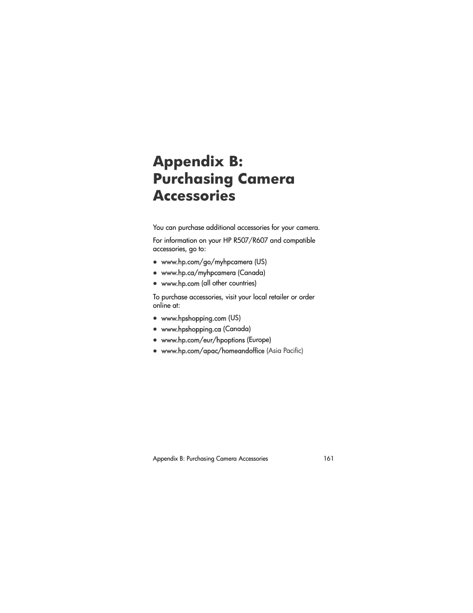 Appendix b: purchasing camera accessories, Appendix b: purchasing camera, Accessories | Appendix b, Purchasing camera accessories, Appendix b: purchasing, Camera accessories, Purchasing camera, Appendix, B: purchasing camera accessories | HP R507 User Manual | Page 161 / 179