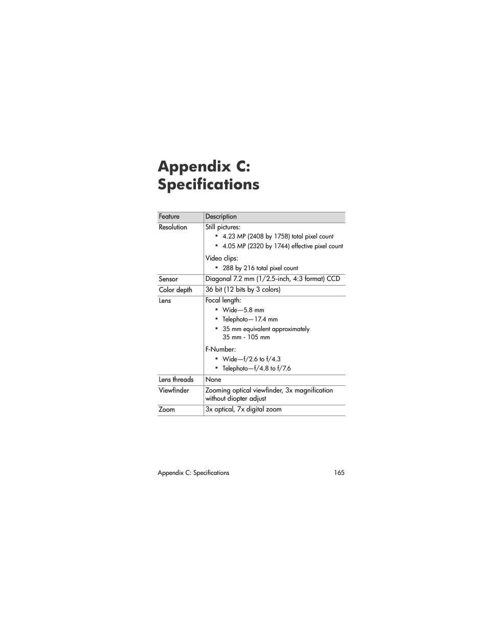 Appendix c: specifications | HP R507 User Manual | Page 165 / 179