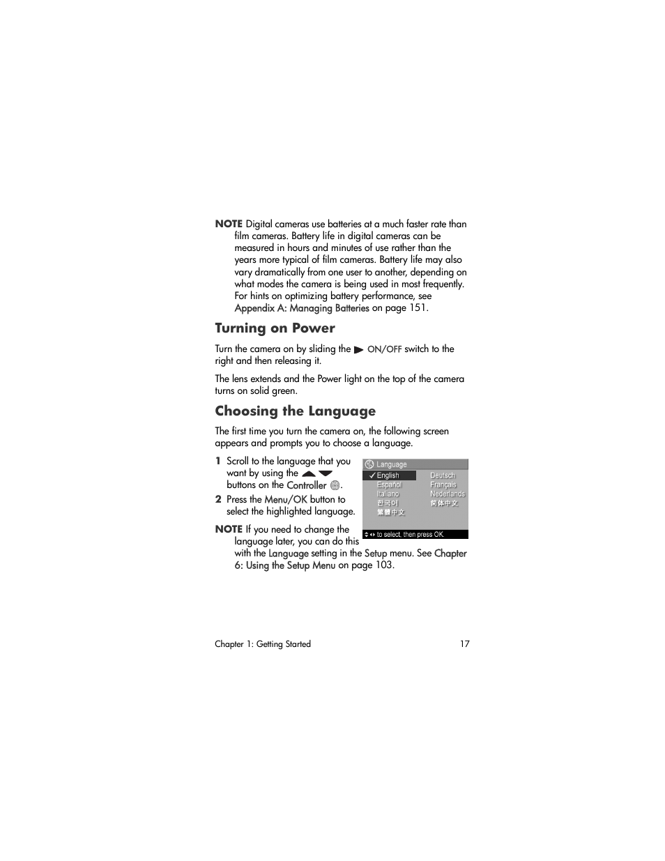 Turning on power, Choosing the language | HP R507 User Manual | Page 17 / 179