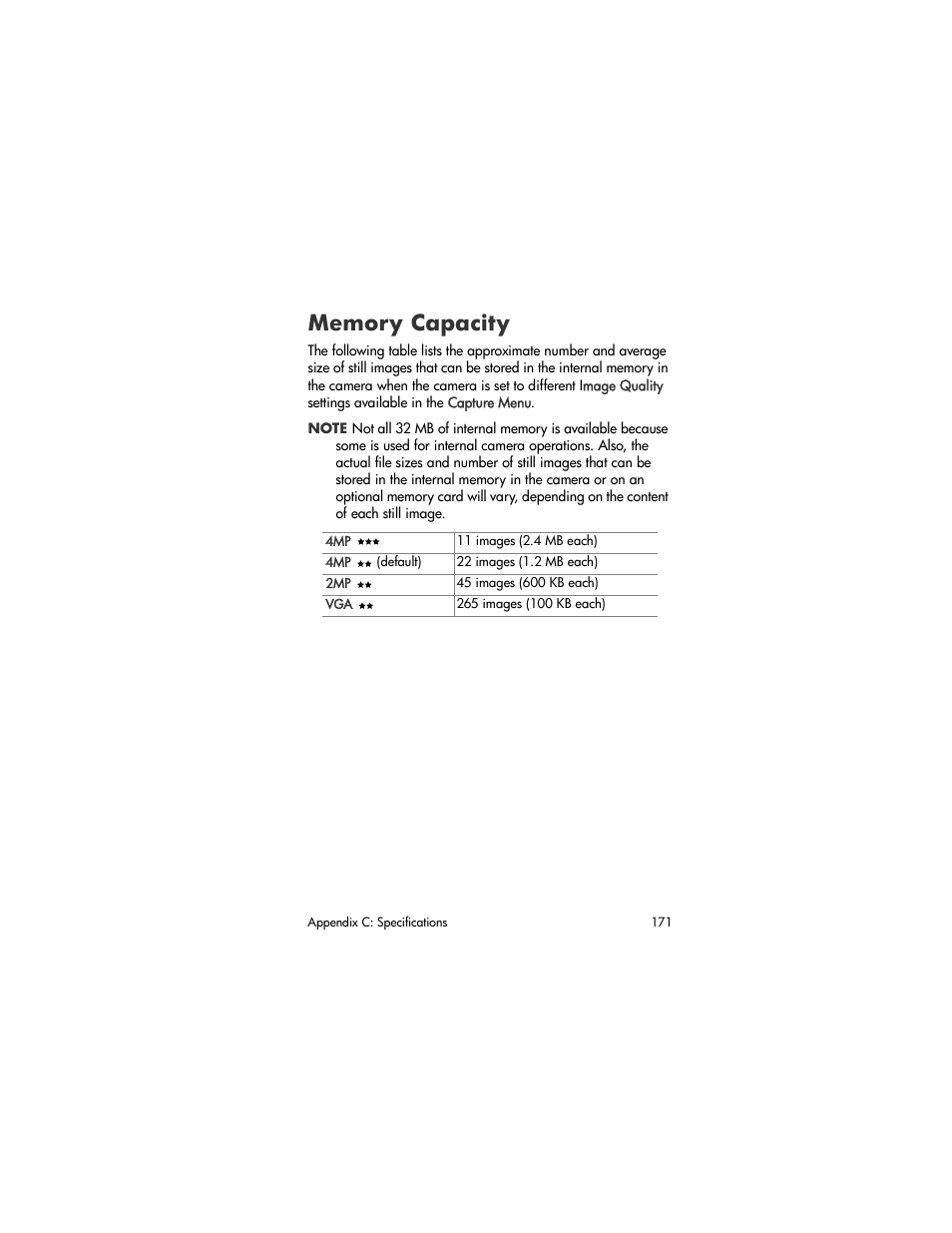 Memory capacity | HP R507 User Manual | Page 171 / 179