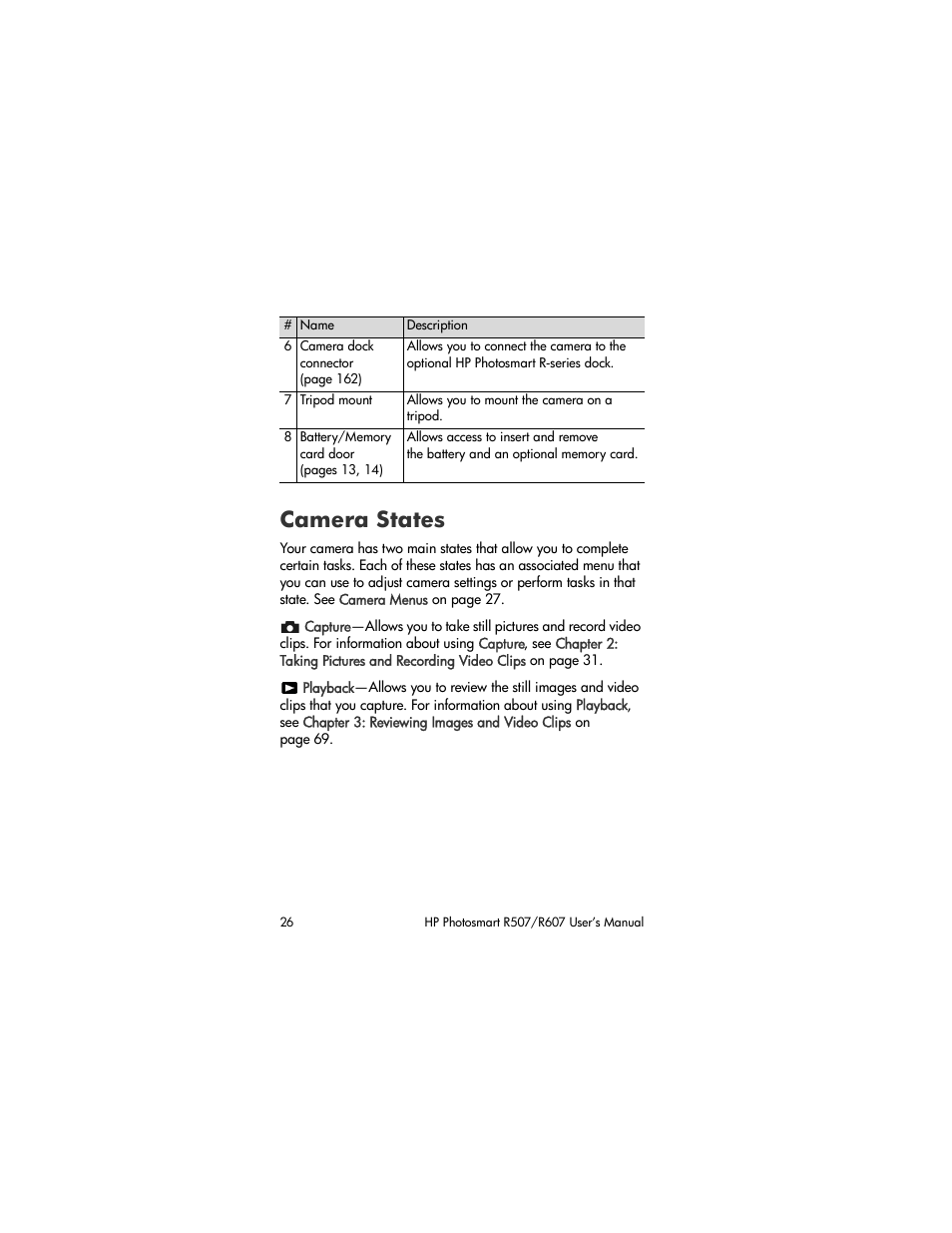 Camera states | HP R507 User Manual | Page 26 / 179
