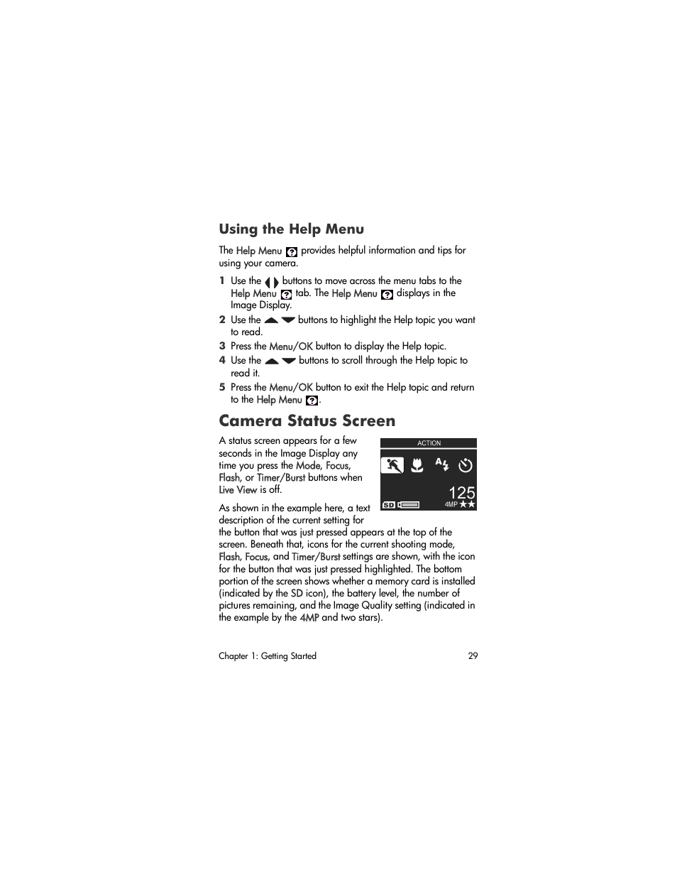 Using the help menu, Camera status screen | HP R507 User Manual | Page 29 / 179