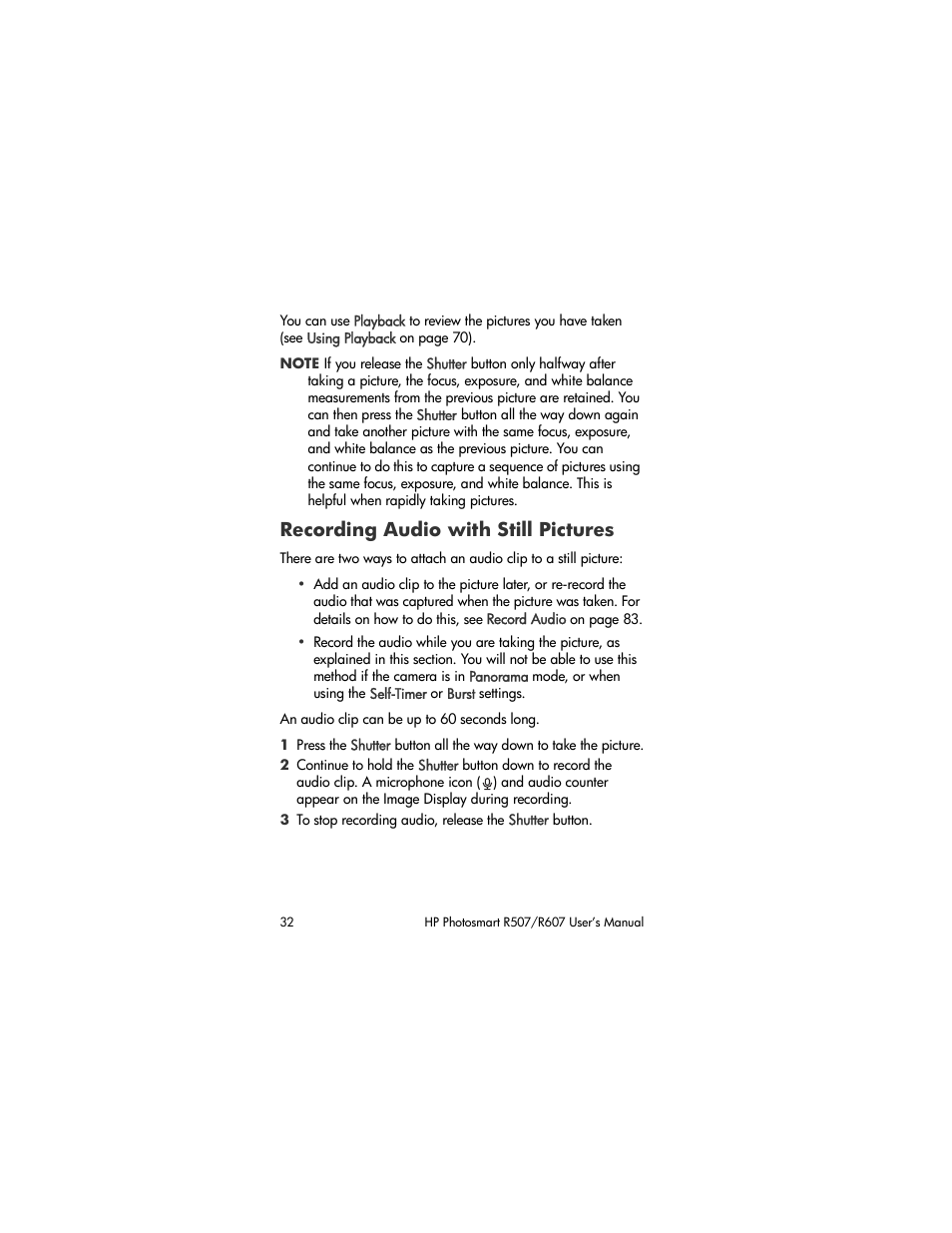 Recording audio with still pictures | HP R507 User Manual | Page 32 / 179