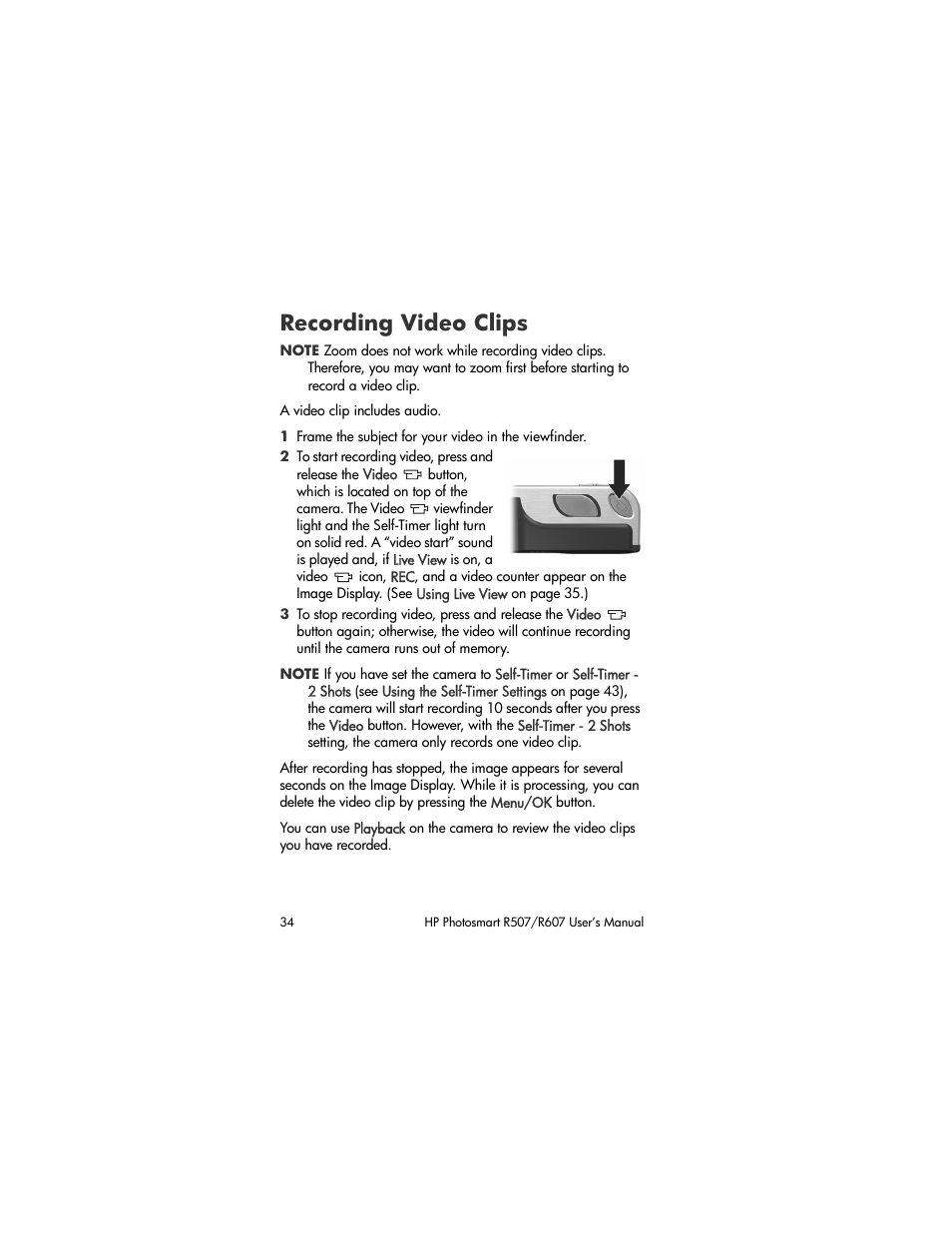 Recording video clips | HP R507 User Manual | Page 34 / 179