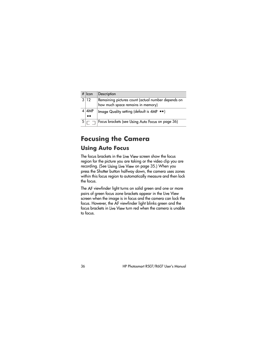 Focusing the camera, Using auto focus | HP R507 User Manual | Page 36 / 179