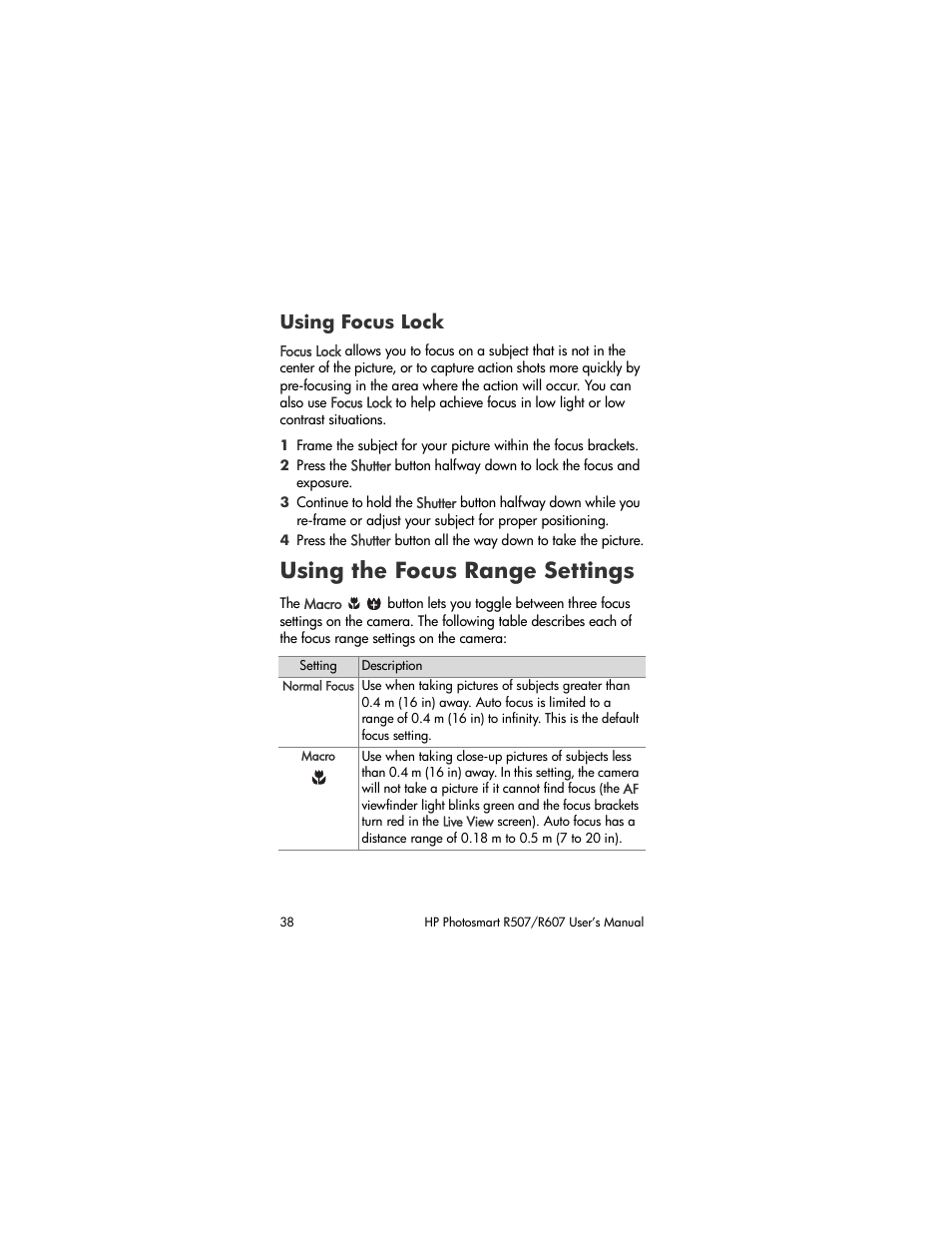 Using focus lock, Using the focus range settings | HP R507 User Manual | Page 38 / 179