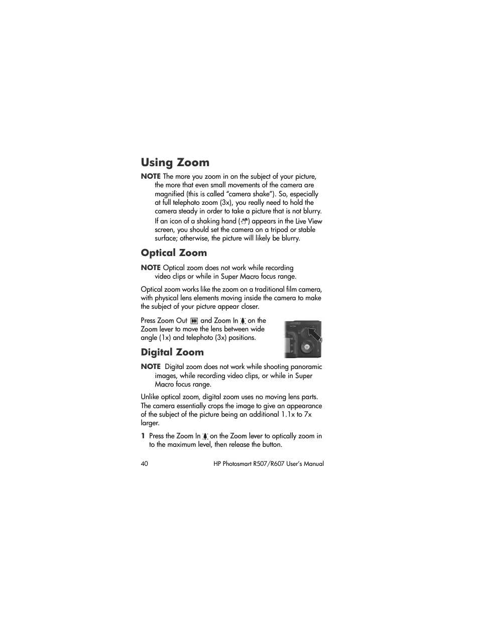 Using zoom, Optical zoom, Digital zoom | HP R507 User Manual | Page 40 / 179