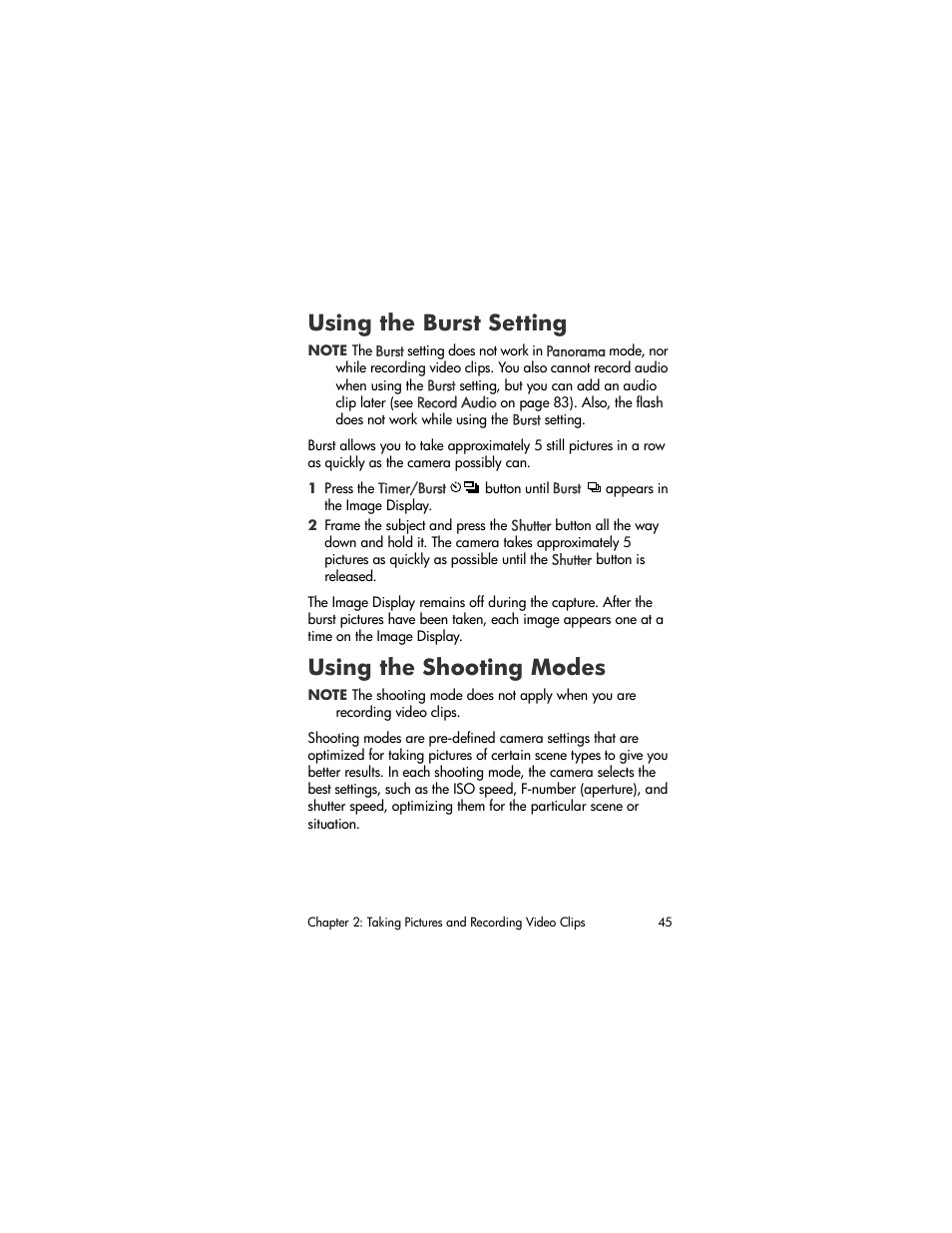 Using the burst setting, Using the shooting modes | HP R507 User Manual | Page 45 / 179