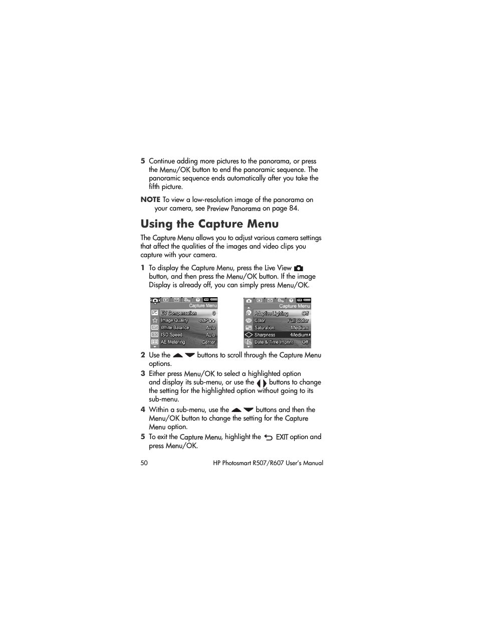 Using the capture menu, Using the, Capture menu | HP R507 User Manual | Page 50 / 179