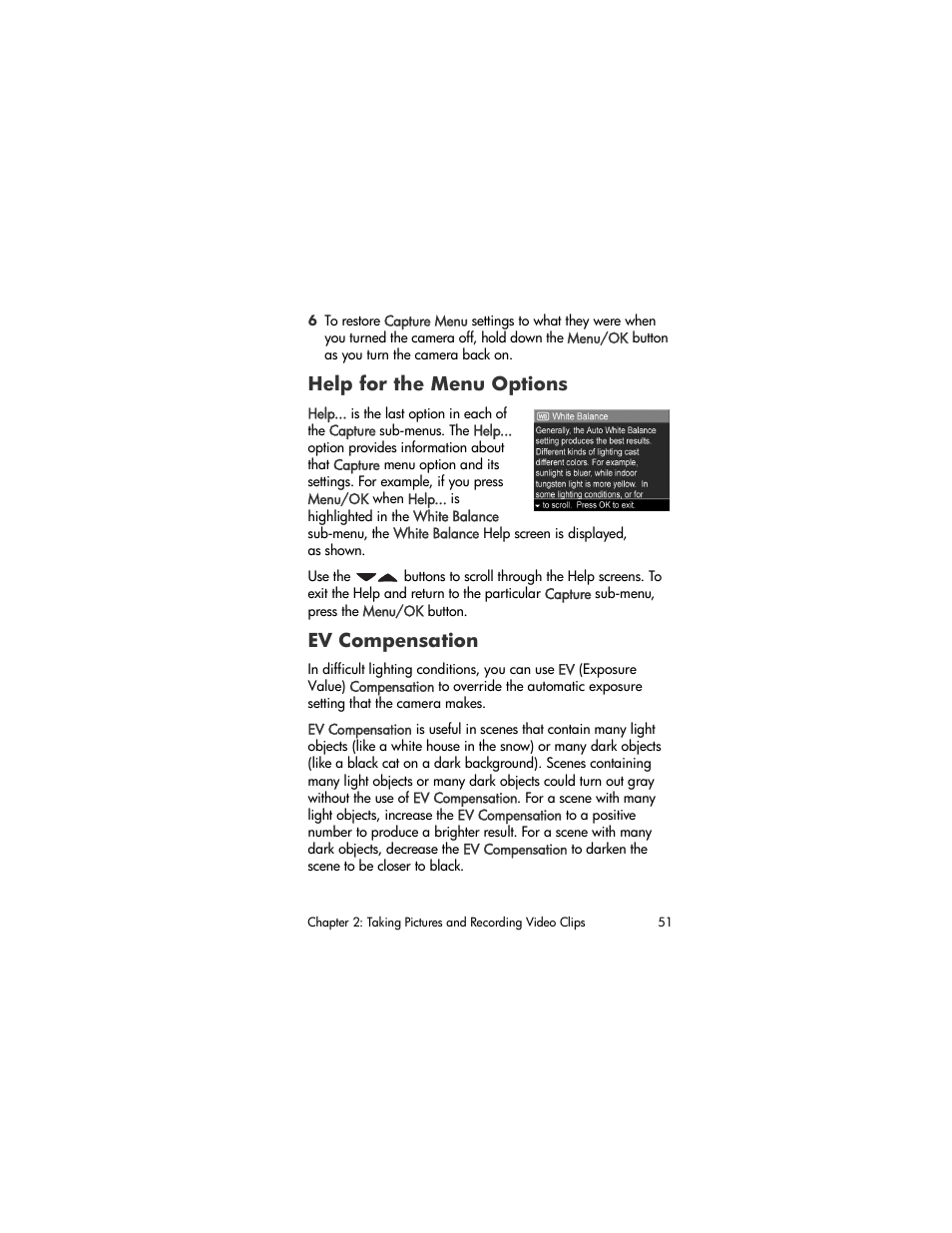 Help for the menu options, Ev compensation | HP R507 User Manual | Page 51 / 179