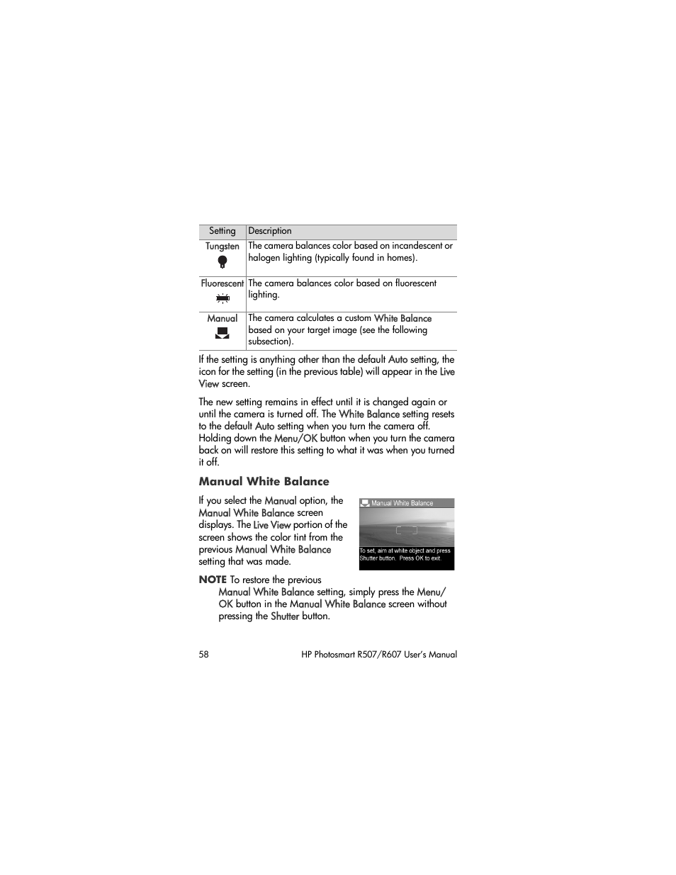 Manual white balance | HP R507 User Manual | Page 58 / 179
