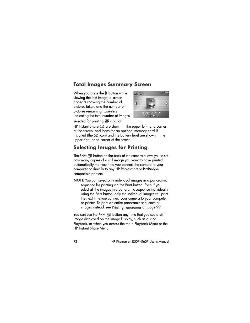 Total images summary screen, Selecting images for printing, Selecting images for | Printing | HP R507 User Manual | Page 72 / 179