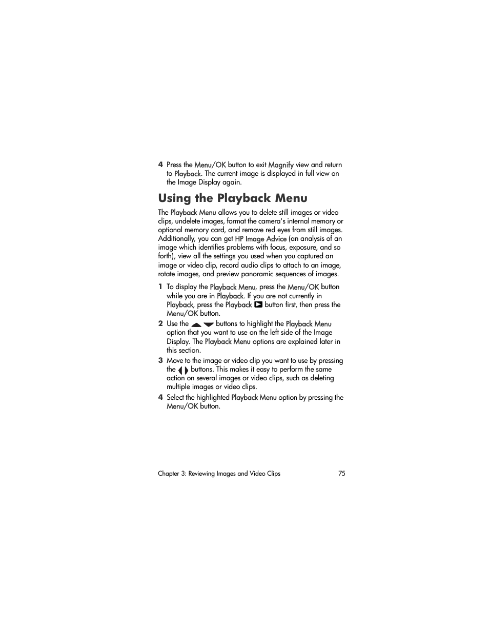 Using the playback menu, Using the, Playback menu | Using, The playback menu | HP R507 User Manual | Page 75 / 179