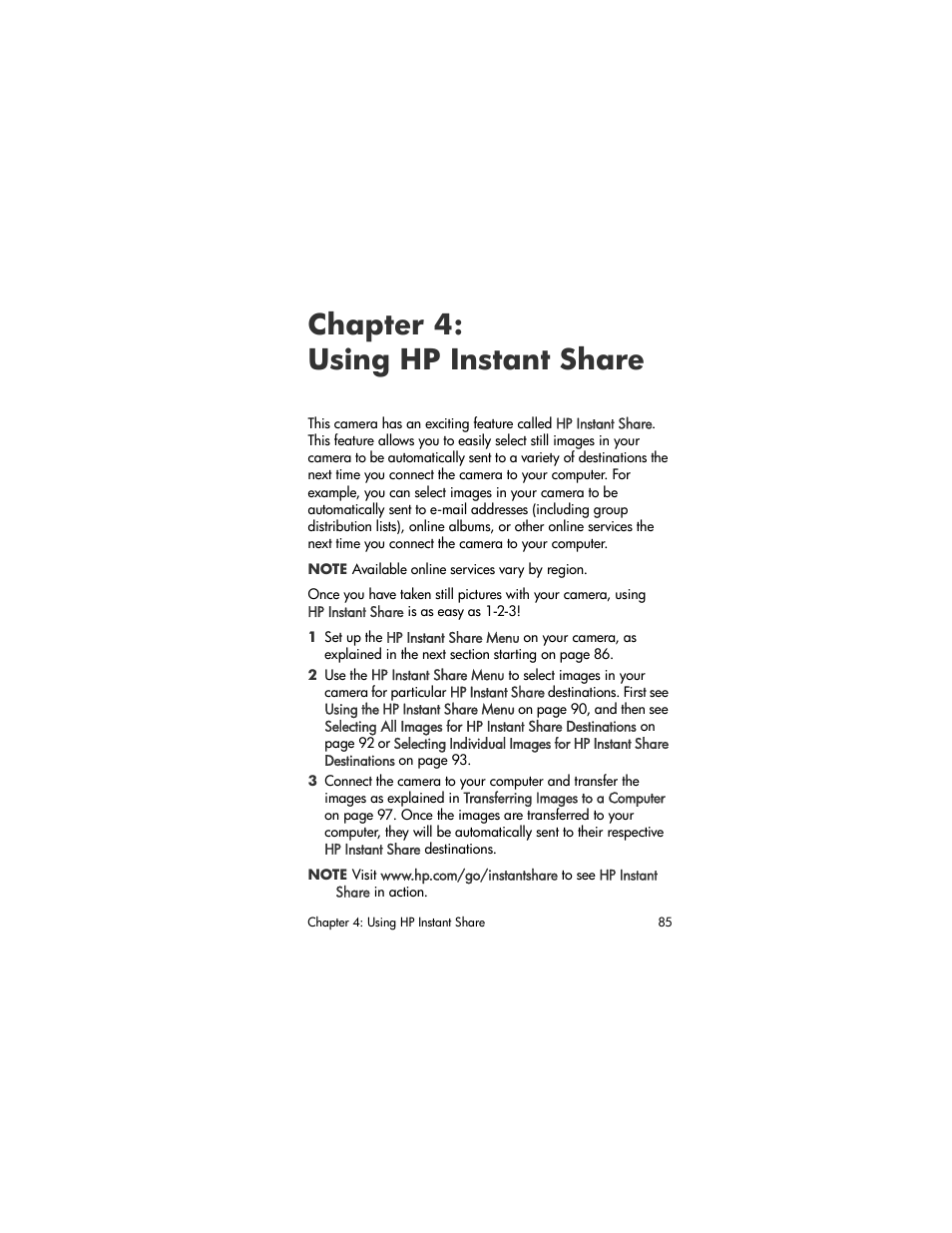 Chapter 4: using hp instant share, Chapter, Using hp instant share | HP R507 User Manual | Page 85 / 179