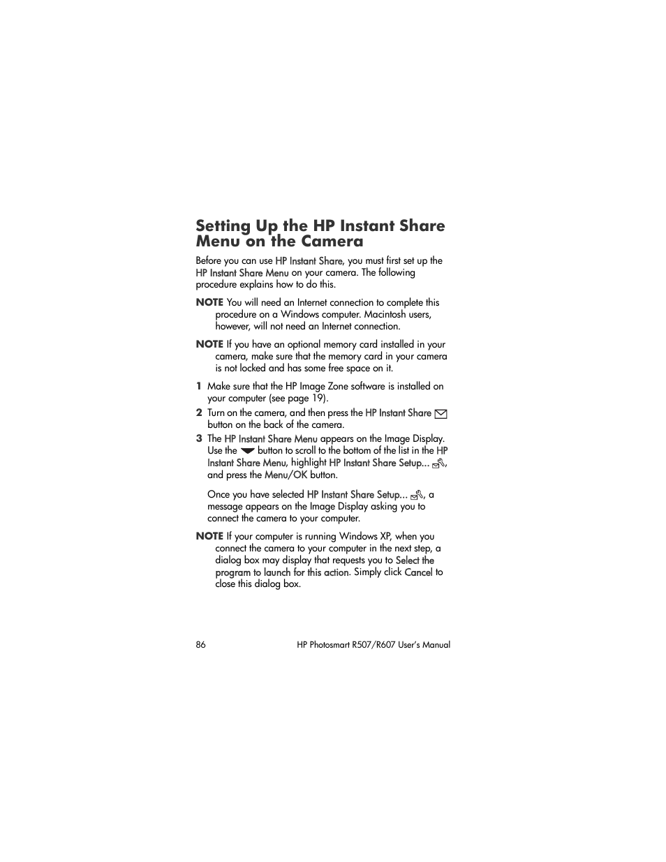 Setting up the hp instant share menu on the camera, Setting up the hp instant share menu, On the camera | Setting up the hp, Instant share menu on the camera | HP R507 User Manual | Page 86 / 179