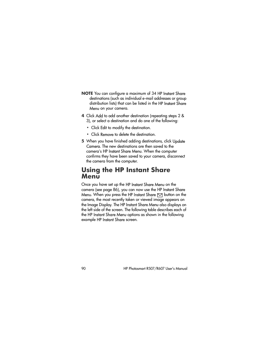 Using the hp instant share menu, Using the, Hp instant share menu | HP R507 User Manual | Page 90 / 179