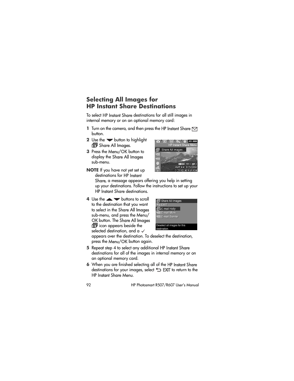 Selecting all images for, Hp instant share destinations | HP R507 User Manual | Page 92 / 179