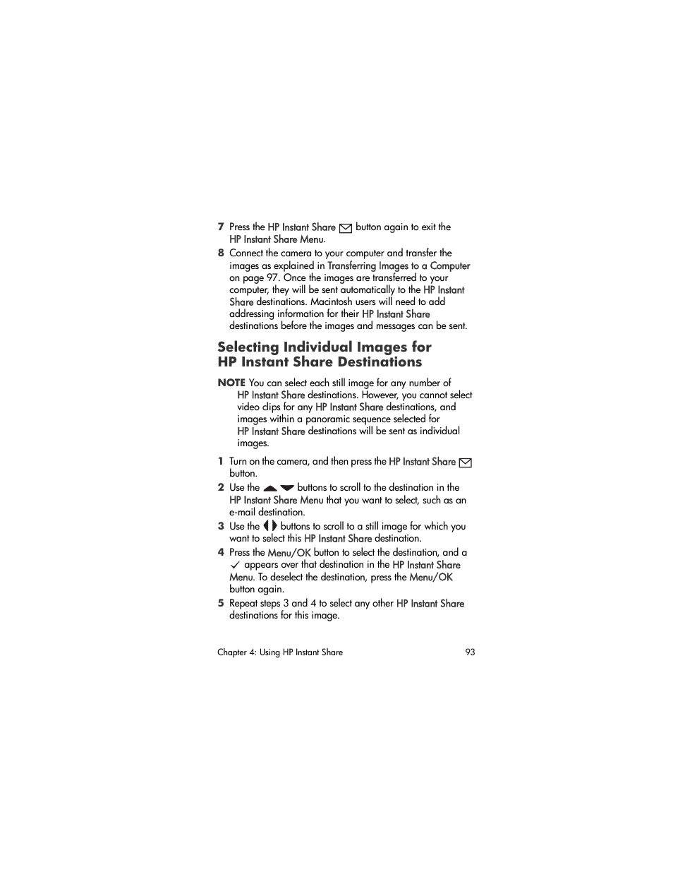Selecting individual images for, Hp instant share destinations, Selecting individual images for hp instant share | Destinations | HP R507 User Manual | Page 93 / 179