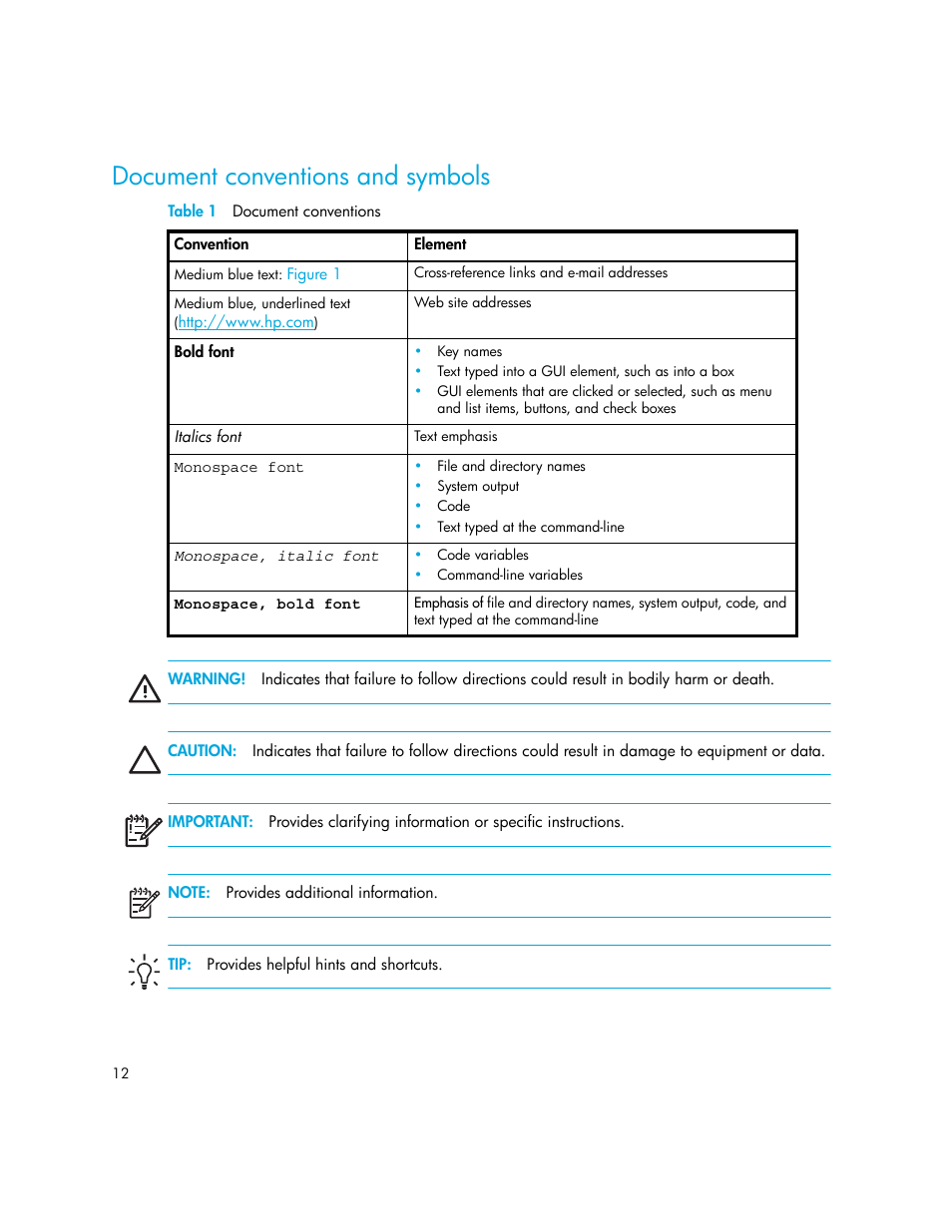 Document conventions and symbols, Table 1 document conventions, 1 document conventions | HP MSL6000 Series User Manual | Page 12 / 182