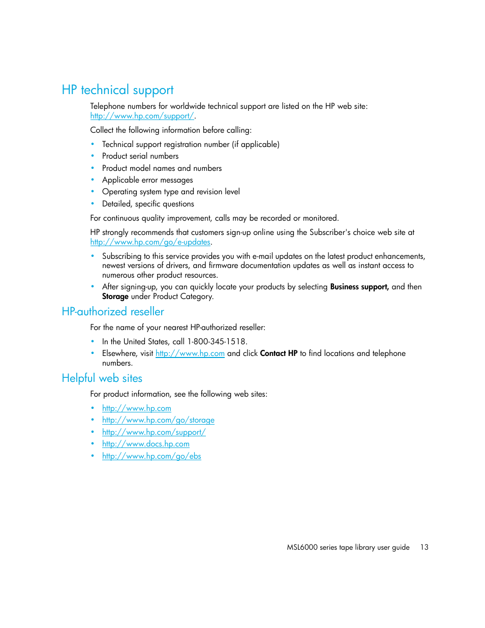 Hp technical support, Hp-authorized reseller, Helpful web sites | HP MSL6000 Series User Manual | Page 13 / 182