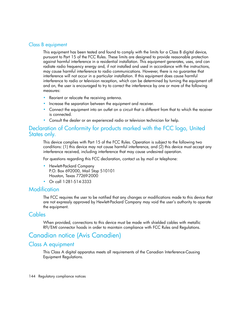 Class b equipment, Modification, Cables | Canadian notice (avis canadien), Class a equipment | HP MSL6000 Series User Manual | Page 144 / 182