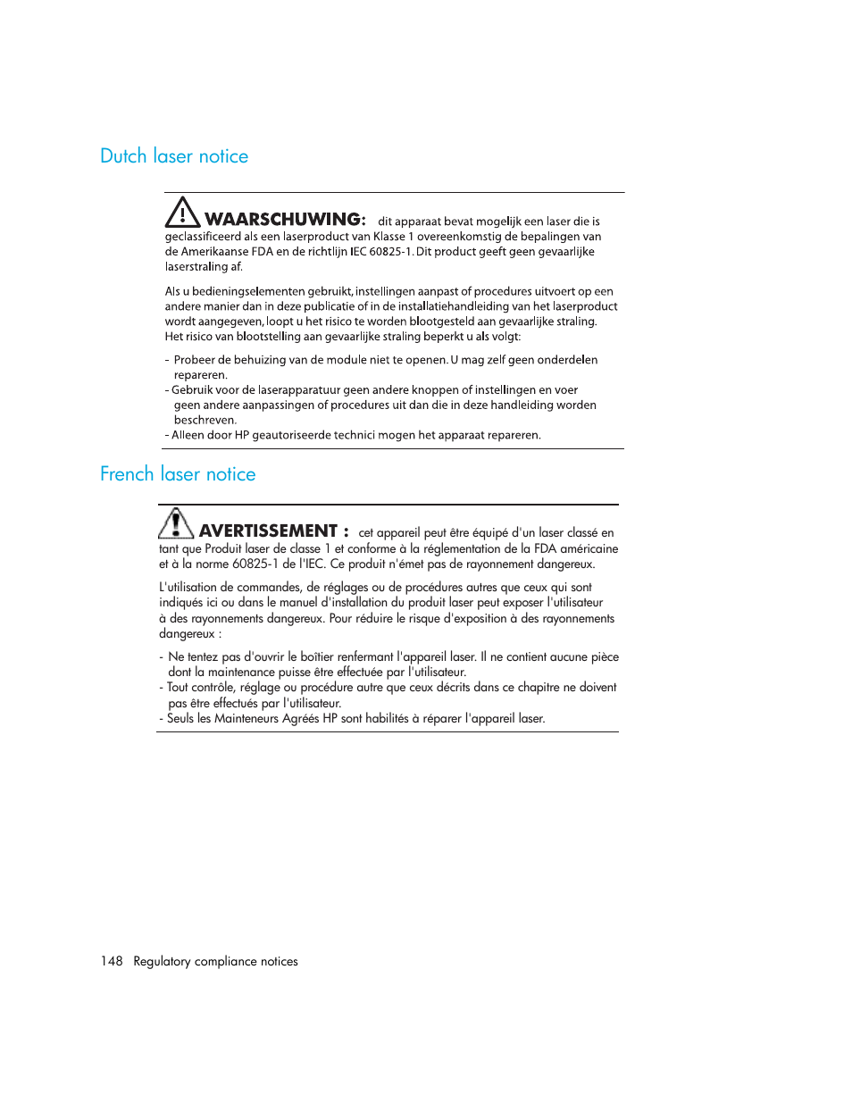 Dutch laser notice, French laser notice, Dutch laser notice french laser notice | HP MSL6000 Series User Manual | Page 148 / 182