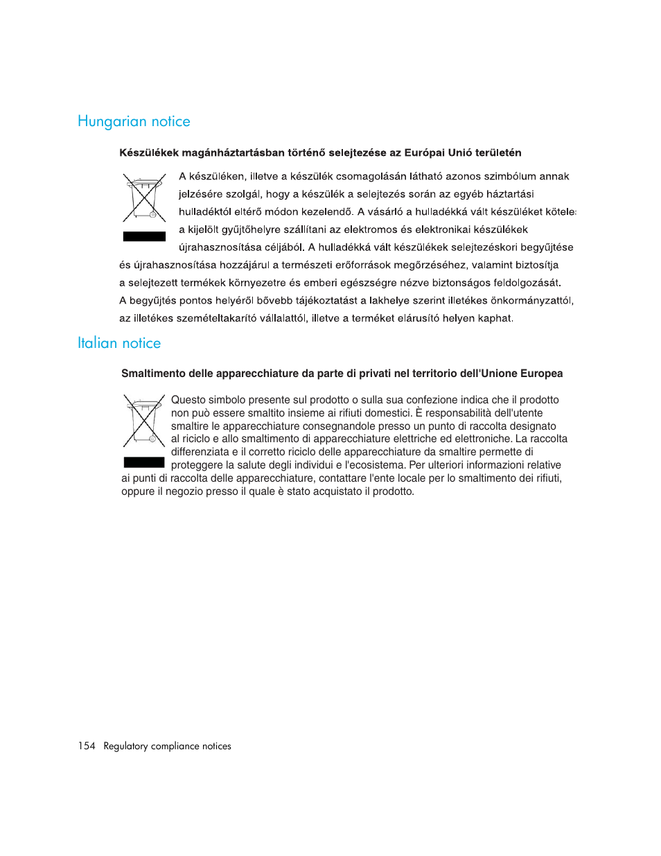 Hungarian notice, Italian notice, Hungarian notice italian notice | HP MSL6000 Series User Manual | Page 154 / 182