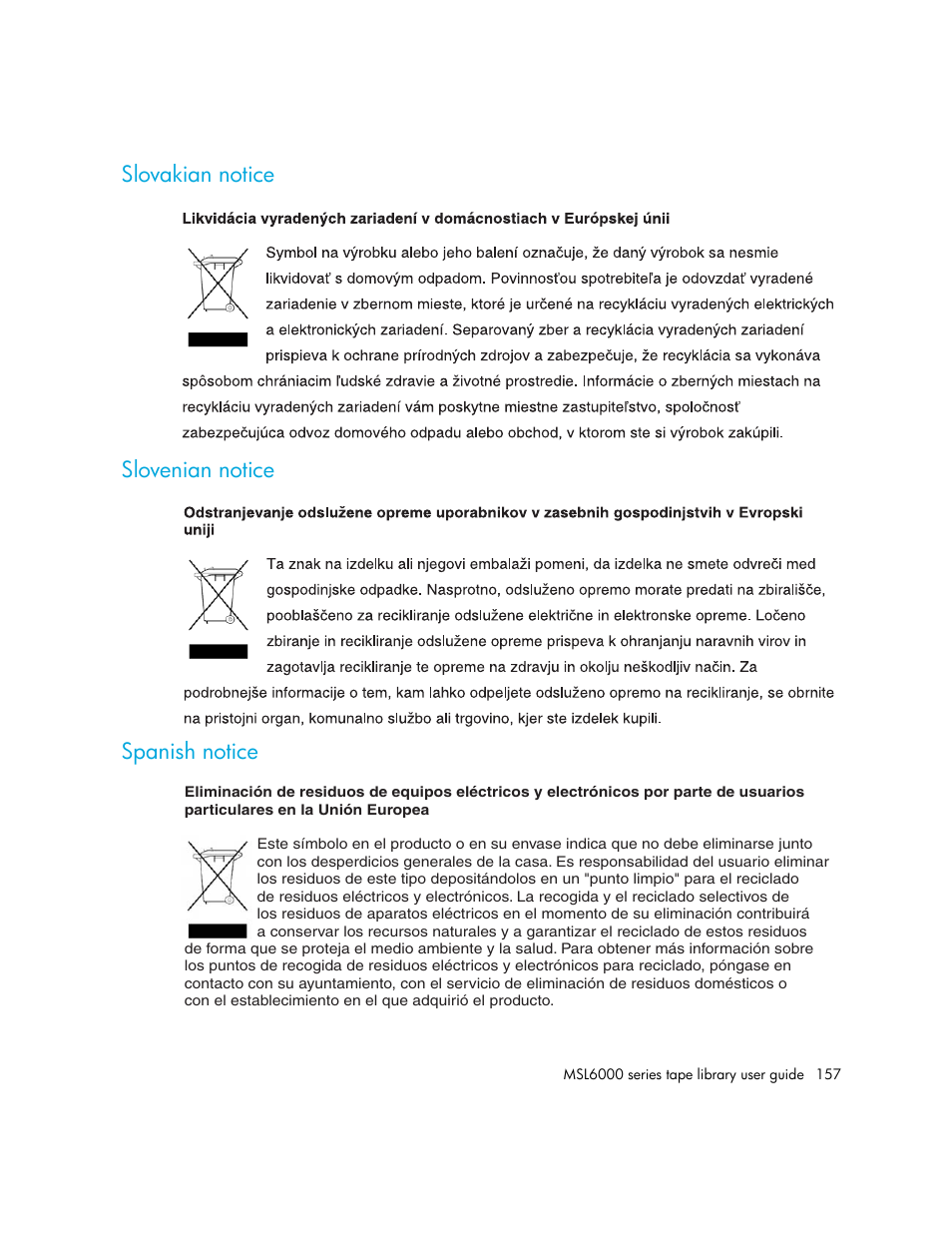 Slovakian notice, Slovenian notice, Spanish notice | Slovakian notice slovenian notice spanish notice | HP MSL6000 Series User Manual | Page 157 / 182