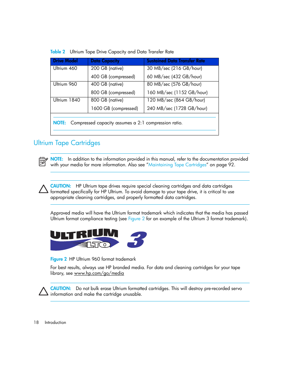 Ultrium tape cartridges, Figure 2 hp ultrium 960 format trademark, 2 hp ultrium 960 format trademark | HP MSL6000 Series User Manual | Page 18 / 182