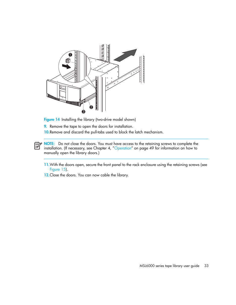 14 installing the library (two-drive model shown) | HP MSL6000 Series User Manual | Page 33 / 182