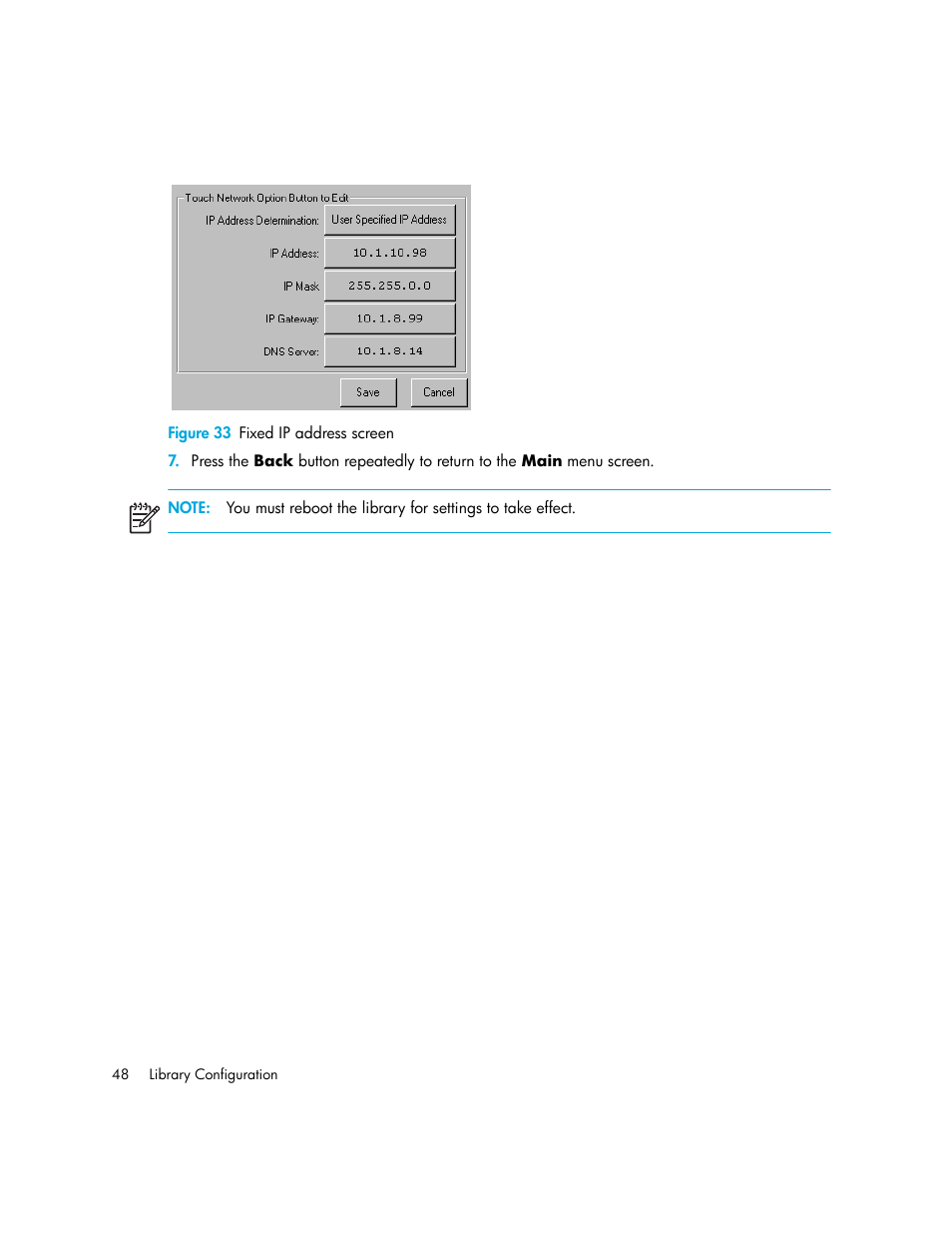 Figure 33 fixed ip address screen, 33 fixed ip address screen, Figure 33 | HP MSL6000 Series User Manual | Page 48 / 182