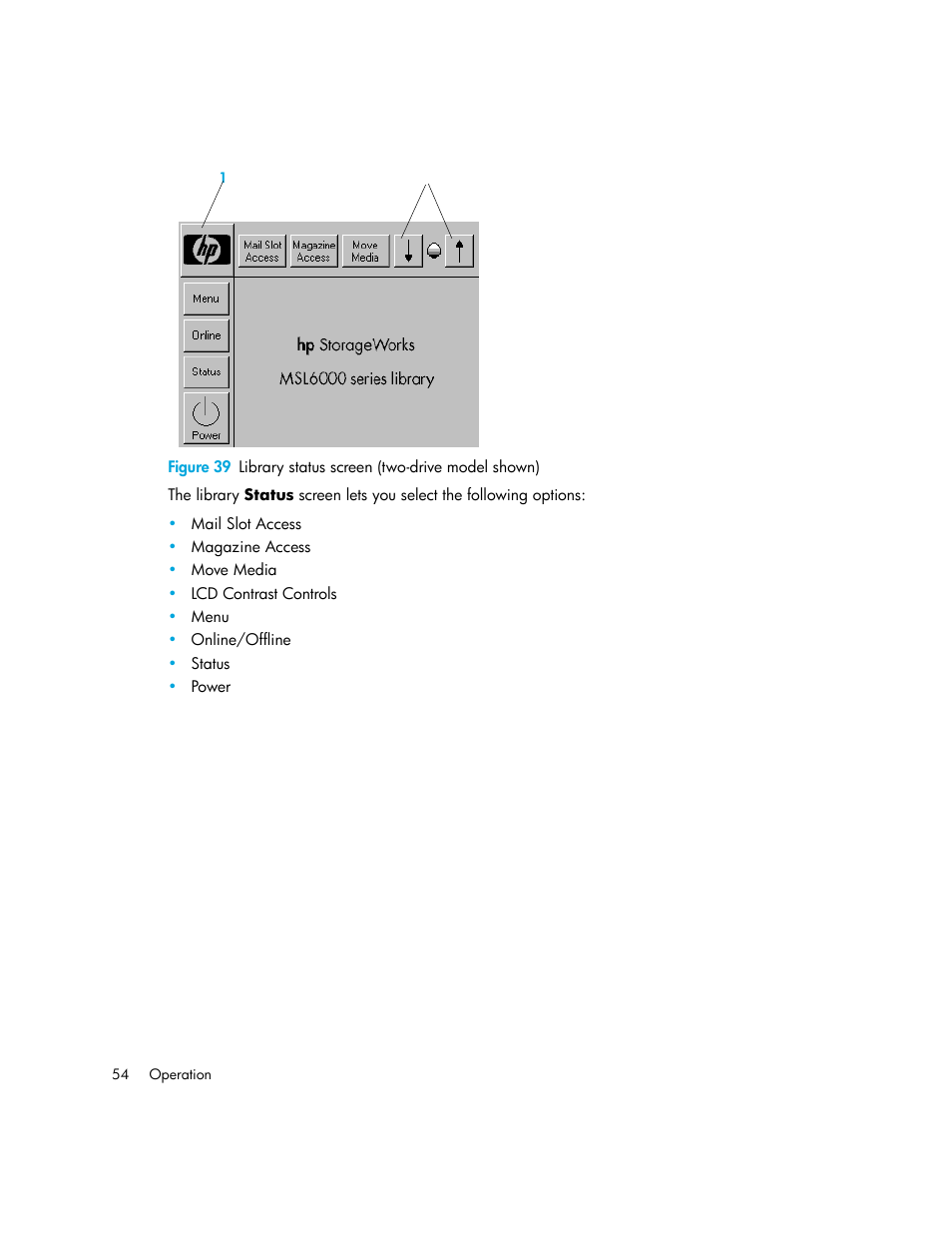 39 library status screen (two-drive model shown) | HP MSL6000 Series User Manual | Page 54 / 182