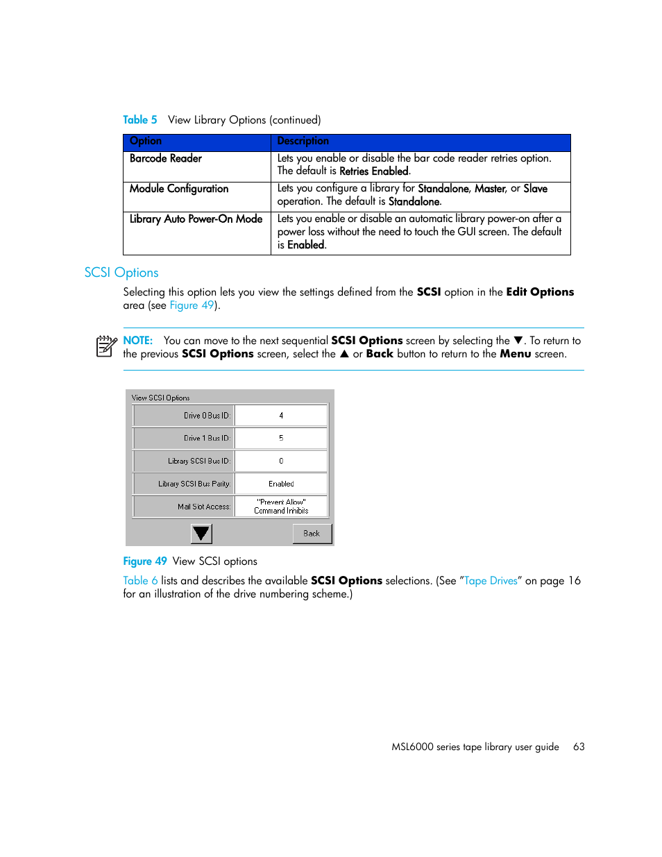 Scsi options, Figure 49 view scsi options, 49 view scsi options | HP MSL6000 Series User Manual | Page 63 / 182
