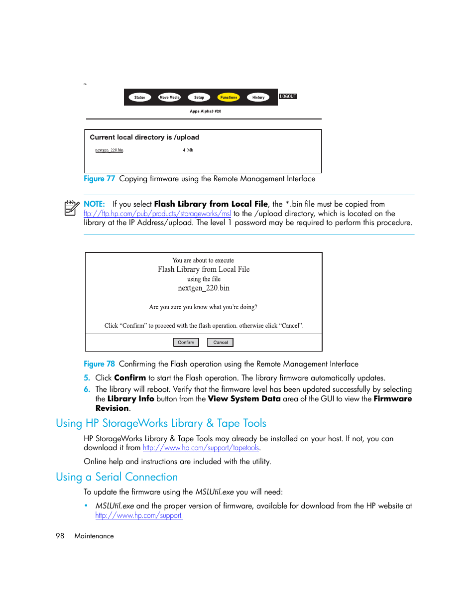 Using hp storageworks library & tape tools, Using a serial connection | HP MSL6000 Series User Manual | Page 98 / 182