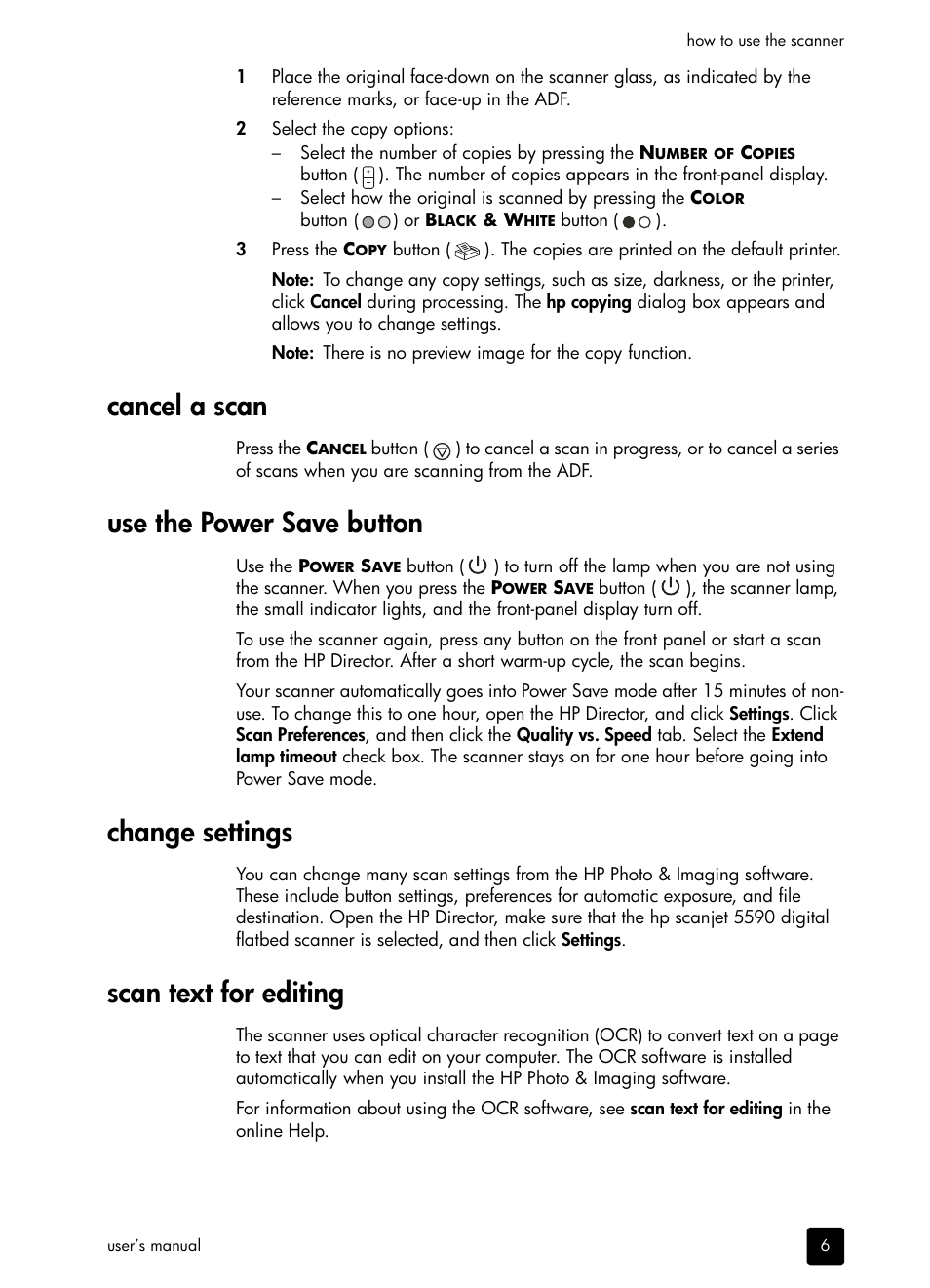 Cancel a scan, Use the power save button, Change settings | Scan text for editing | HP 5590 User Manual | Page 11 / 32