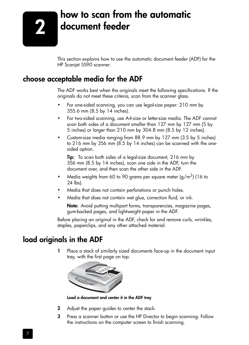 How to scan from the automatic document feeder, Choose acceptable media for the adf, Load originals in the adf | HP 5590 User Manual | Page 12 / 32