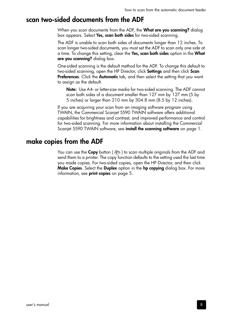 Scan two-sided documents from the adf, Make copies from the adf | HP 5590 User Manual | Page 13 / 32