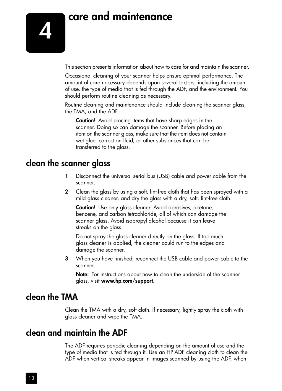Care and maintenance, Clean the scanner glass, Clean the tma | Clean and maintain the adf | HP 5590 User Manual | Page 18 / 32