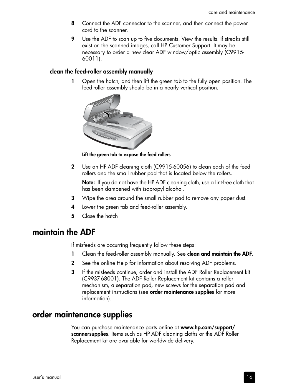 Maintain the adf, Order maintenance supplies, Maintain the adf order maintenance supplies | HP 5590 User Manual | Page 21 / 32