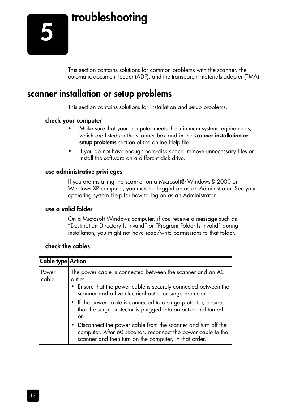 Troubleshooting, Scanner installation or setup problems | HP 5590 User Manual | Page 22 / 32