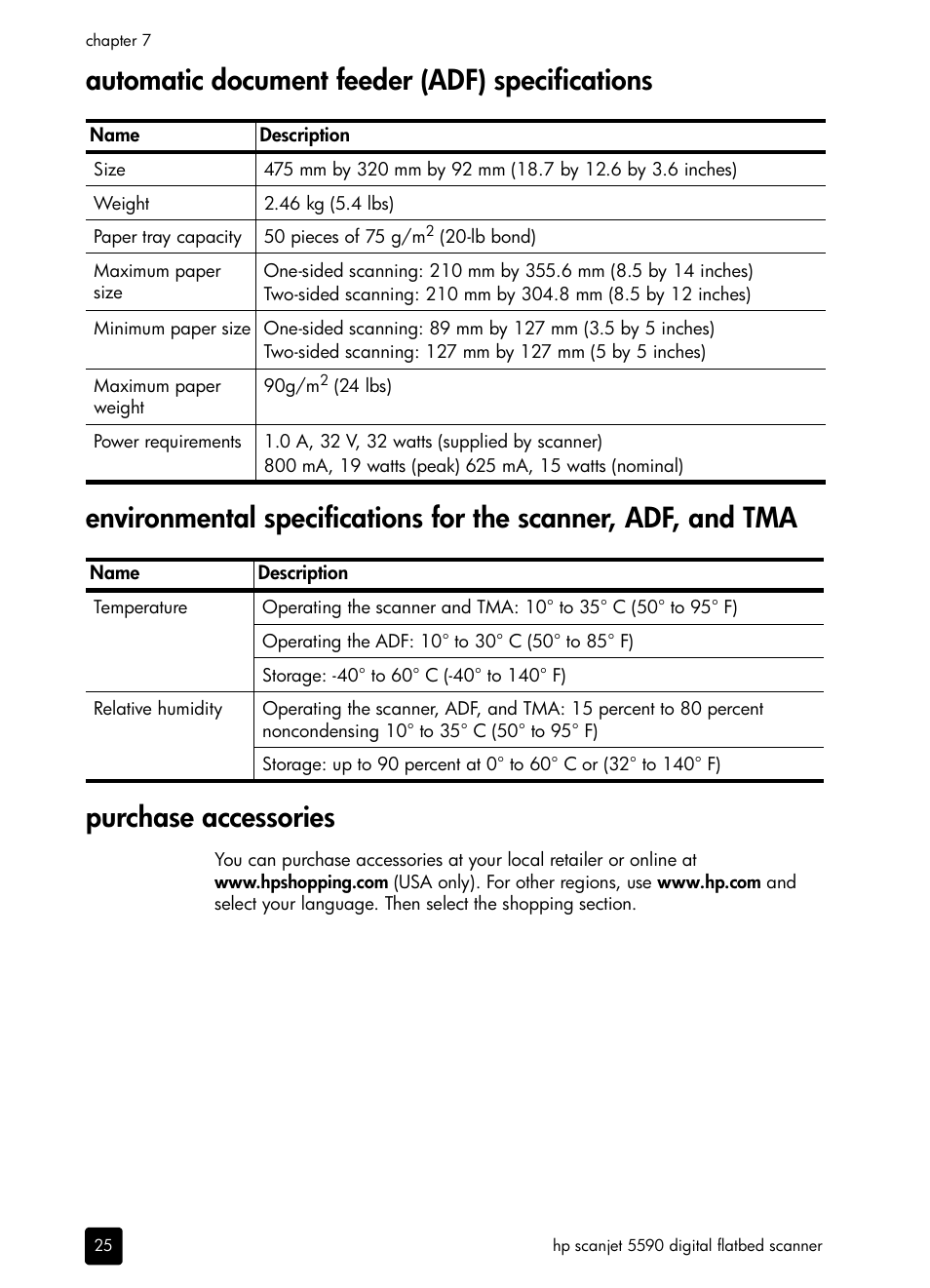 Automatic document feeder (adf) specifications, Purchase accessories | HP 5590 User Manual | Page 30 / 32