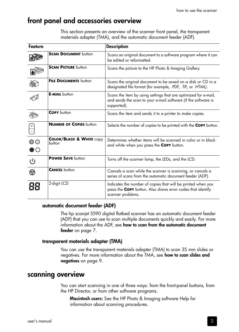 Front panel and accessories overview, Scanning overview, Automatic document feeder (adf) | Transparent materials adapter (tma) | HP 5590 User Manual | Page 7 / 32