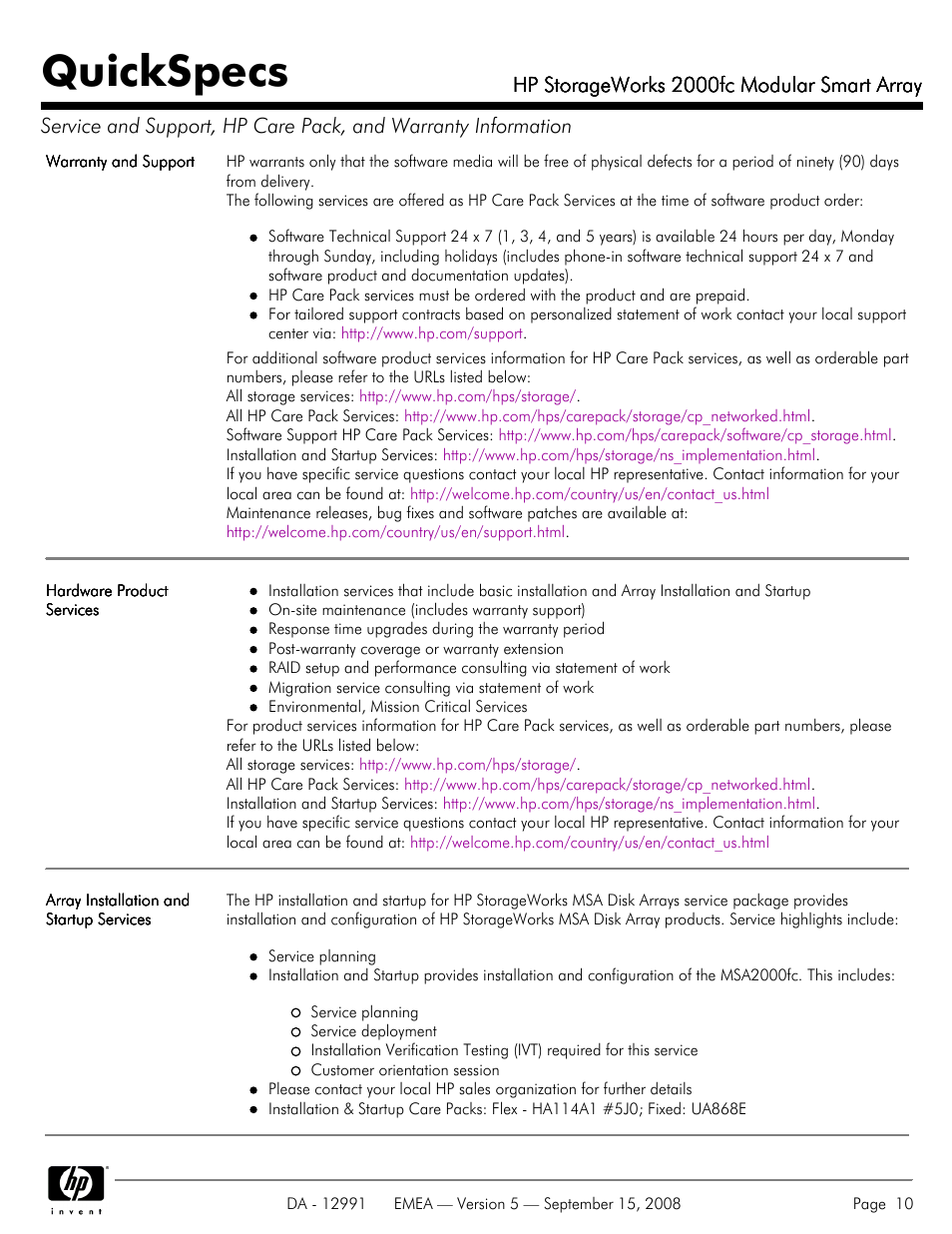 Quickspecs, Hp storageworks 2000fc modular smart array | HP 2000fc User Manual | Page 10 / 23