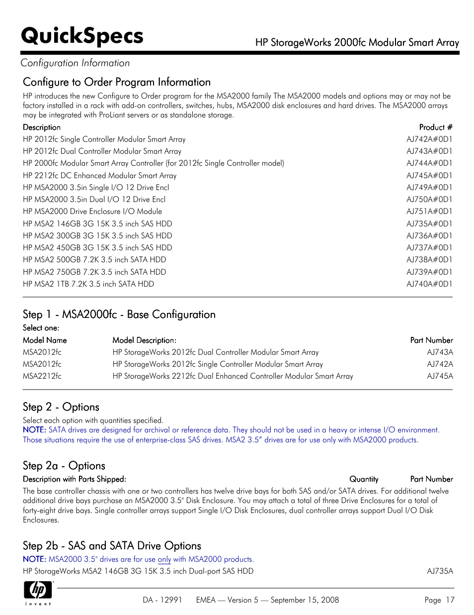 Quickspecs, Configure to order program information, Step 2 - options | Step 2a - options, Step 2b - sas and sata drive options, Hp storageworks 2000fc modular smart array | HP 2000fc User Manual | Page 17 / 23