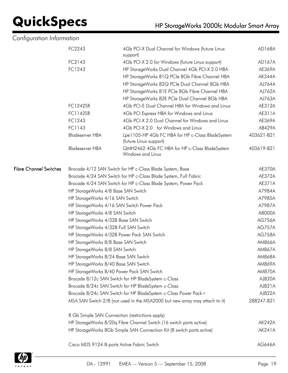 Quickspecs, Hp storageworks 2000fc modular smart array | HP 2000fc User Manual | Page 19 / 23