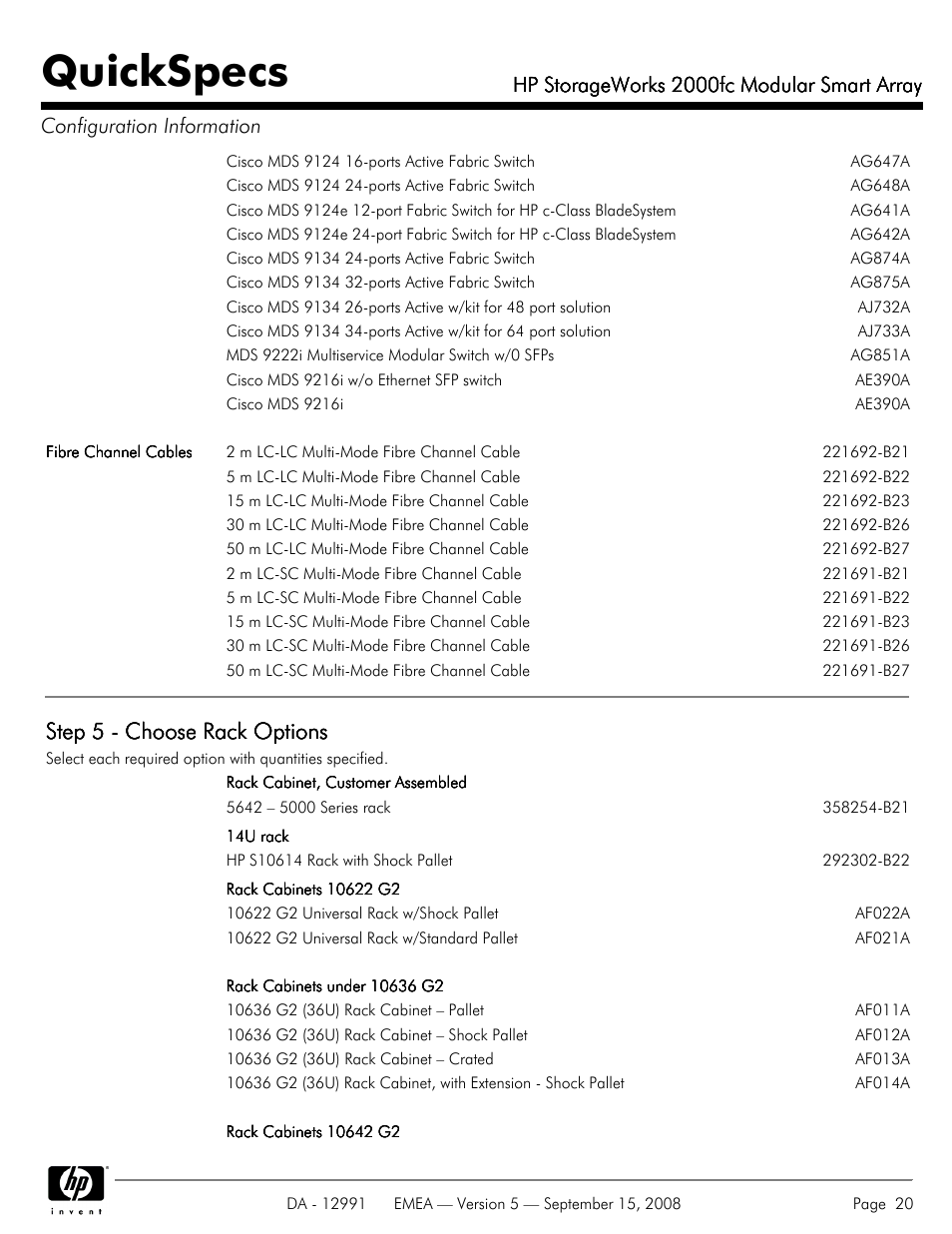 Quickspecs, Step 5 - choose rack options, Hp storageworks 2000fc modular smart array | HP 2000fc User Manual | Page 20 / 23