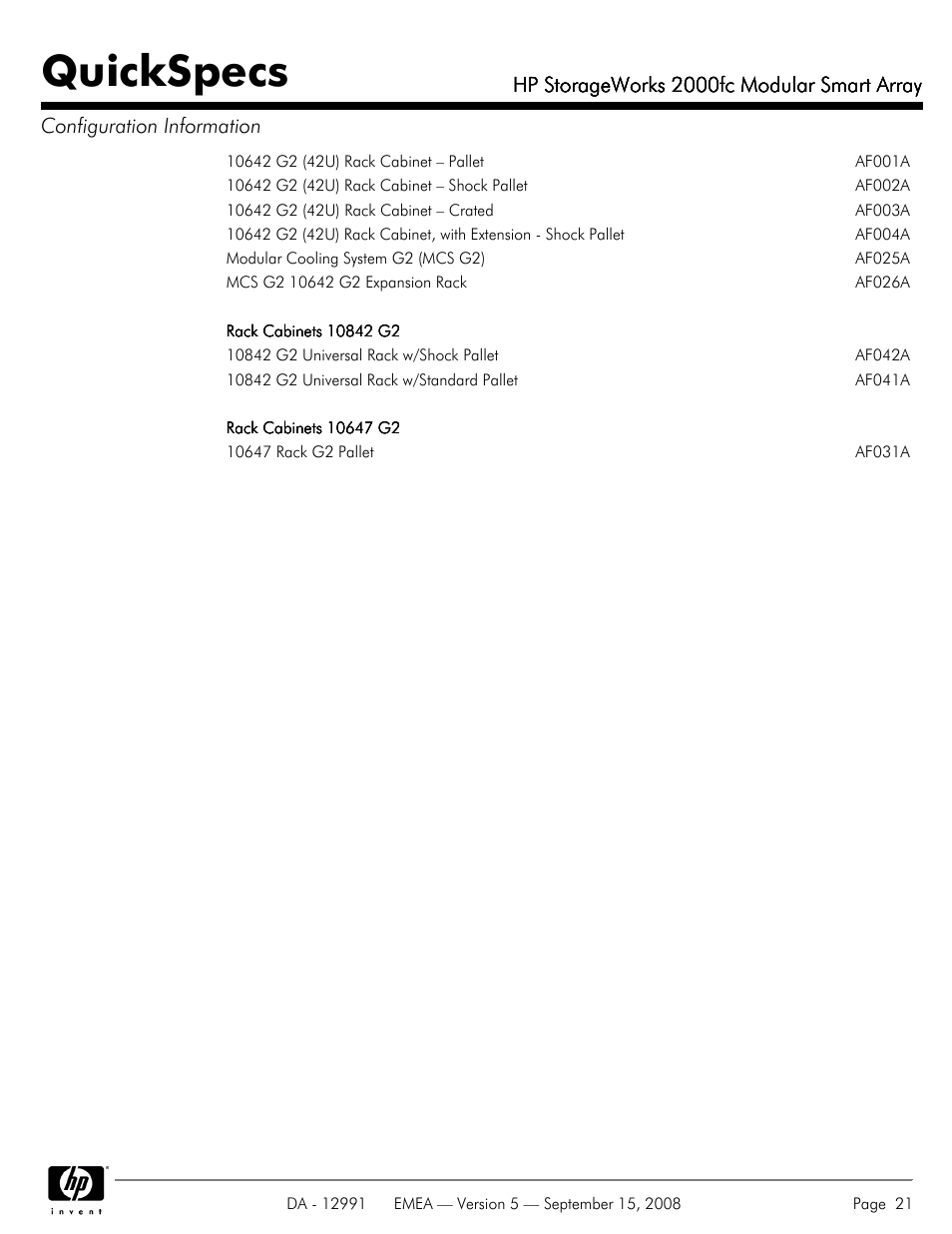 Quickspecs, Hp storageworks 2000fc modular smart array | HP 2000fc User Manual | Page 21 / 23
