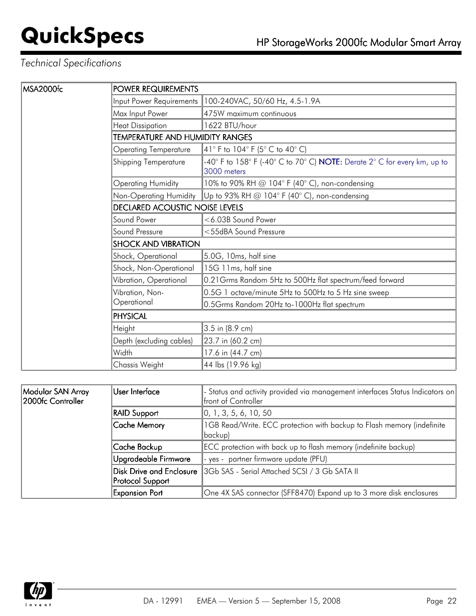Technical specifications, Quickspecs, Hp storageworks 2000fc modular smart array | HP 2000fc User Manual | Page 22 / 23