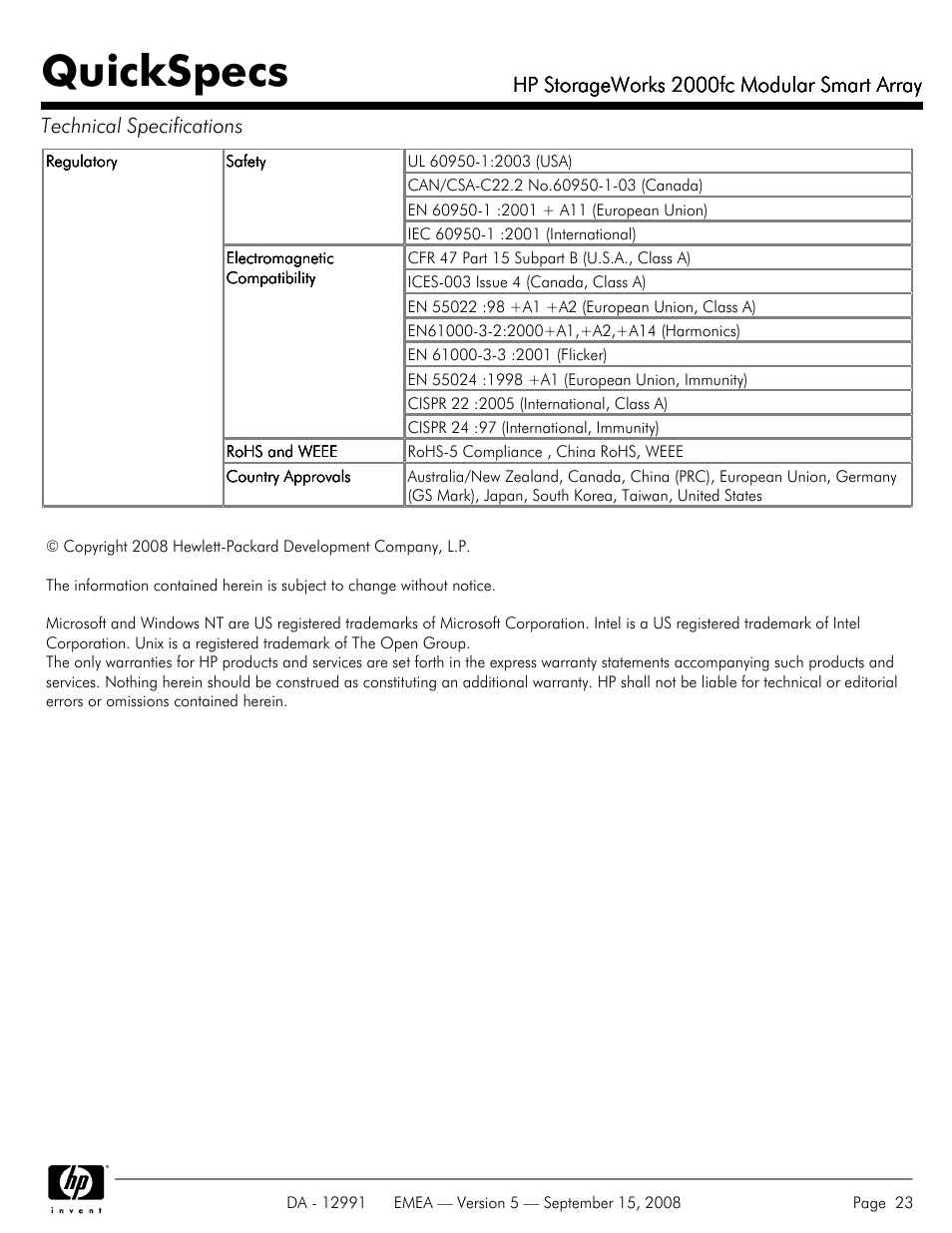 Quickspecs, Hp storageworks 2000fc modular smart array | HP 2000fc User Manual | Page 23 / 23