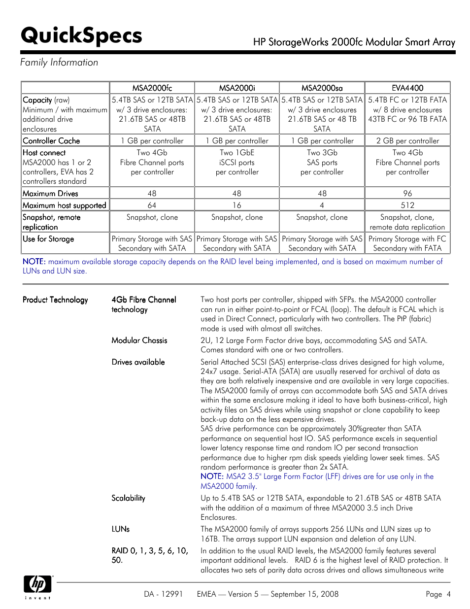 Family information, Quickspecs, Hp storageworks 2000fc modular smart array | HP 2000fc User Manual | Page 4 / 23